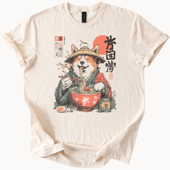 Gildan Tops - Corgi Ramen Noodle T Shirt Japanese Dog Eating Soup Graphic Tee Kawaii Art